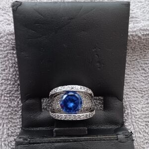 Sapphire Silver Ring with Deep Lapis Blue Center Stone size 6.5